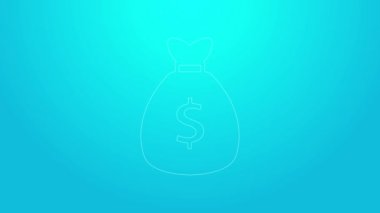 Pembe çizgi Para Çantası simgesi mavi arkaplanda izole edildi. Dolar ya da USD sembolü. Nakit bankacılık tabelası. 4K Video hareketli grafik canlandırması