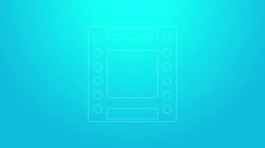 Pembe çizgi kamera klasik film rulo kartuş ikonu mavi arkaplanda izole edildi. 35 mm 'lik film kutusu. Film şeridi fotoğrafçı ekipmanı. 4K Video hareketli grafik canlandırması