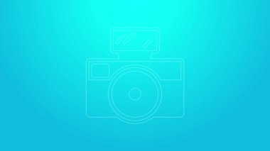 Mavi arka planda ışık flaşı simgesi olan pembe çizgi fotoğraf makinesi. Foto kamera. Dijital fotoğrafçılık. 4K Video hareketli grafik canlandırması