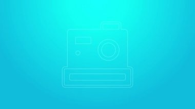 Pembe çizgi fotoğraf makinesi simgesi mavi arkaplanda izole edildi. Foto kamera. Dijital fotoğrafçılık. 4K Video hareketli grafik canlandırması