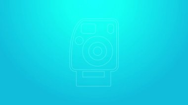 Pembe çizgi fotoğraf makinesi simgesi mavi arkaplanda izole edildi. Foto kamera. Dijital fotoğrafçılık. 4K Video hareketli grafik canlandırması