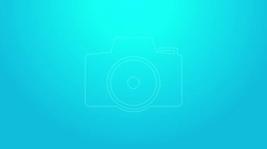 Pembe çizgi fotoğraf makinesi simgesi mavi arkaplanda izole edildi. Foto kamera. Dijital fotoğrafçılık. 4K Video hareketli grafik canlandırması