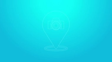 Pembe çizgi fotoğraf makinesi simgesi mavi arkaplanda izole edildi. Foto kamera. Dijital fotoğrafçılık. 4K Video hareketli grafik canlandırması