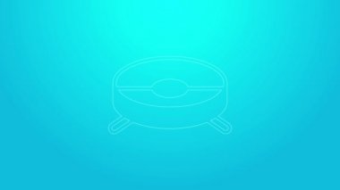 Pembe çizgili robot süpürge ikonu mavi arka planda izole edildi. Otomatik süpürme için ev aletleri, ev temizliği için dijital cihazlar. 4K Video hareketli grafik canlandırması