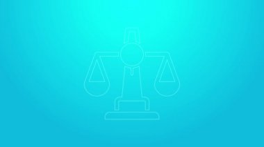 Mavi arka planda izole edilmiş pembe ölçekli adalet simgesi. Hukuk mahkemesi sembolü. Denge tabelaları. 4K Video hareketli grafik canlandırması