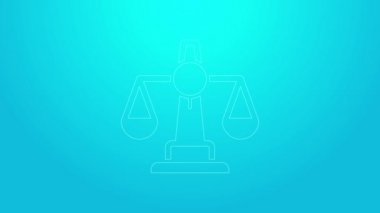 Mavi arka planda izole edilmiş pembe ölçekli adalet simgesi. Hukuk mahkemesi sembolü. Denge tabelaları. 4K Video hareketli grafik canlandırması