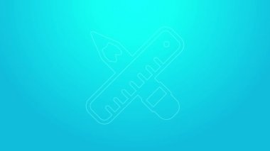 Pembe çizgi, mavi arka planda izole edilmiş cetvel ve kalem simgesi. Düz sembol. Çizim ve eğitim araçları. 4K Video hareketli grafik canlandırması