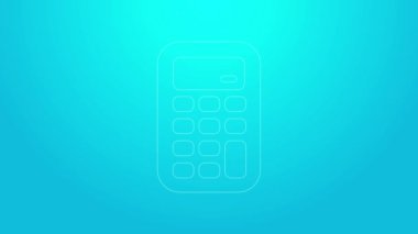 Pembe çizgi hesap makinesi simgesi mavi arkaplanda izole edildi. Muhasebe sembolü. İş hesaplamaları matematik eğitimi ve finans. 4K Video hareketli grafik canlandırması
