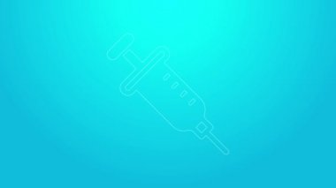 Pembe çizgi şırınga ikonu mavi arkaplanda izole edildi. Aşı için şırınga, aşı, iğne, grip aşısı. Tıbbi ekipman. 4K Video hareketli grafik canlandırması