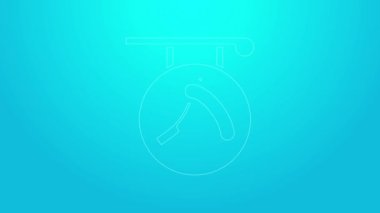 Mavi arka planda jilet simgesi olan pembe çizgi berber dükkanı. Kuaför logosu ya da tabela. 4K Video hareketli grafik canlandırması