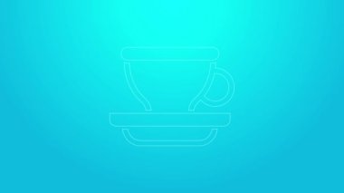 Pembe çizgi kahve fincanı ikonu mavi arka planda izole edilmiş. Çay fincanı. Sıcak içecek kahvesi. 4K Video hareketli grafik canlandırması