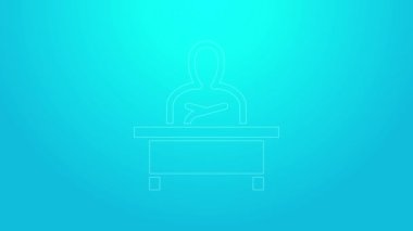 Masa başı simgesinde oturan pembe çizgi öğrencisi mavi arka planda izole edilmiş. 4K Video hareketli grafik canlandırması