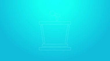 Pembe çizgi sahne standı ya da münazara kürsüsü ikonu mavi arka planda izole edilmiş. Konferans konuşma tribünü. 4K Video hareketli grafik canlandırması