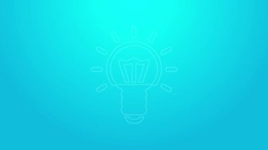 Mavi arka planda izole edilmiş fikir ikonu kavramına sahip pembe çizgi lambası. Enerji ve fikir sembolü. İlham konsepti. 4K Video hareketli grafik canlandırması