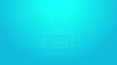 Pembe çizgi okul sırt çantası ikonu mavi arkaplanda izole edildi. 4K Video hareketli grafik canlandırması