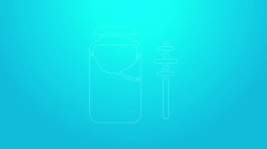 Mavi arkaplanda pembe çizgili bal kavanozu ve ballı şeker çubuğu simgesi var. Yiyecek bankası. Tatlı doğal gıda sembolü. Tatlı kepçe. 4K Video hareketli grafik canlandırması