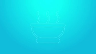 Mavi arka planda izole edilmiş sıcak çorba ikonu pembe çizgi tabağı. 4K Video hareketli grafik canlandırması