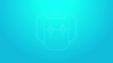 Pembe çizgi okul sırt çantası ikonu mavi arkaplanda izole edildi. 4K Video hareketli grafik canlandırması