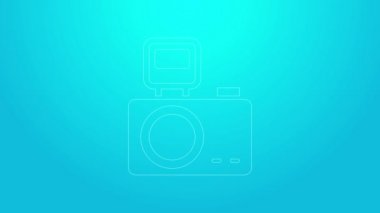 Mavi arka planda ışık flaşı simgesi olan pembe çizgi fotoğraf makinesi. Foto kamera. Dijital fotoğrafçılık. 4K Video hareketli grafik canlandırması