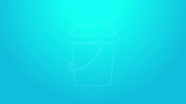 Mavi arka planda izole edilmiş, kova simgesindeki pembe çizgi. Plastik çocuk oyuncağı. Yaz ikonu. 4K Video hareketli grafik canlandırması