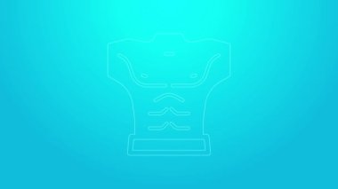 Pembe çizgi vücut geliştiricisi mavi arka planda izole edilmiş kas simgesini gösteriyor. Formda kalmak, güçlü sağlık hobisi kavramı. 4K Video hareketli grafik canlandırması