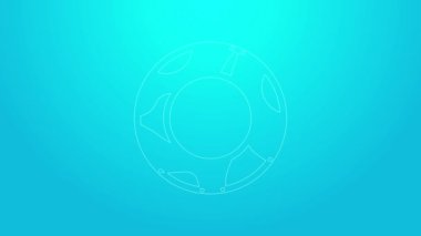 Mavi arka planda izole edilmiş pembe çizgili lastik yüzme ikonu. Hayat kurtaran yüzen can simidi plaj için, kurtarma kemeri insanları kurtarmak için. 4K Video hareketli grafik canlandırması