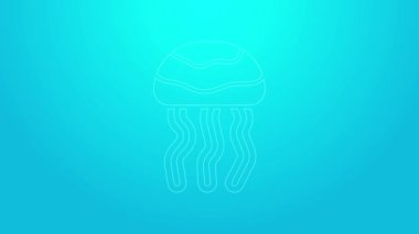 Mavi arka planda izole edilmiş pembe çizgi denizanası ikonu. 4K Video hareketli grafik canlandırması