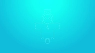 Mavi arkaplanda pembe çizgi korkuluğu simgesi izole edildi. Mutlu Cadılar Bayramı Partisi. 4K Video hareketli grafik canlandırması