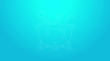 Pembe çizgi cadılar bayramı cadı kazanı ikonu mavi arka planda izole edilmiş. Mutlu Cadılar Bayramı Partisi. 4K Video hareketli grafik canlandırması