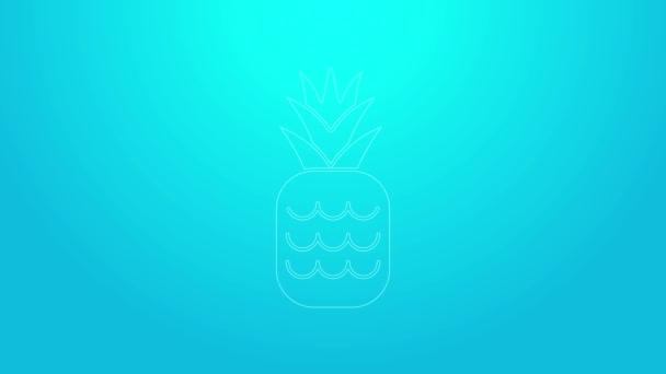 Mavi arka planda izole edilmiş pembe çizgi Pineapple tropikal meyve ikonu. 4K Video hareketli grafik canlandırması — Stok video