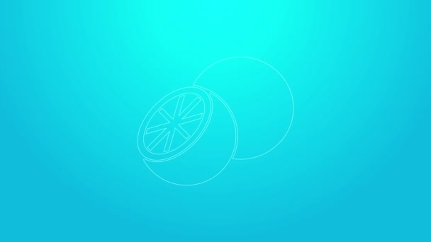 ピンクライン青の背景に孤立したオレンジフルーツアイコン。4Kビデオモーショングラフィックアニメーション — ストック動画
