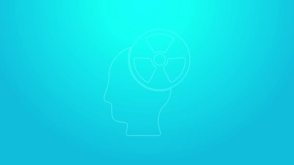 Pink line Silhouette of a human head and a radiation symbol icon isolated on blue background. 4K Video motion graphic animation — Vídeos de Stock