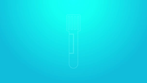 Pink line Test tube and flask chemical laboratory test icon isolated on blue background. Laboratory glassware sign. 4K Video motion graphic animation — Stock Video