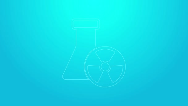 Pink line Laboratory chemical beaker with toxic liquid icon isolated on blue background. Biohazard symbol. Dangerous symbol with radiation icon. 4K Video motion graphic animation — 图库视频影像