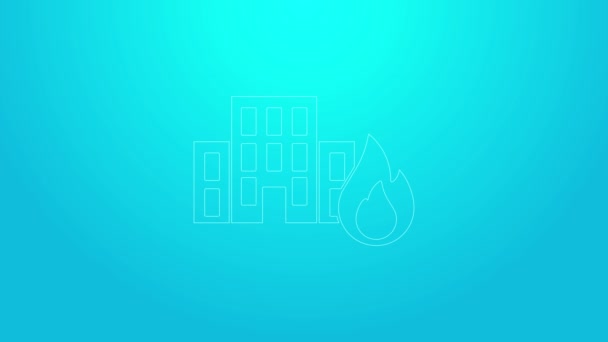 Pink line Fire in burning buildings on city street icon isolated on blue background. Destroyed city on fire. 4K Video motion graphic animation — 图库视频影像