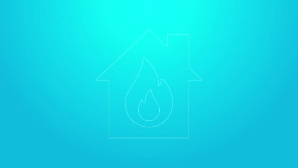 Pink line Fire in burning house icon isolated on blue background. 4K Video motion graphic animation — 图库视频影像