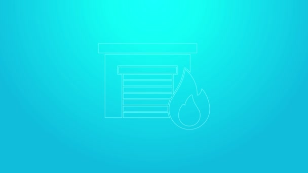 Pink line Fire in burning garage icon isolated on blue background. 4K Video motion graphic animation — Vídeo de stock