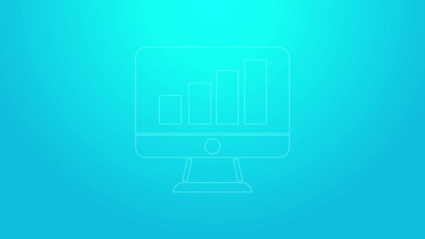 Pink line Computer monitor with graph chart icon isolated on blue background. Report text file. Accounting sign. Audit, analysis, planning. 4K Video motion graphic animation — 图库视频影像