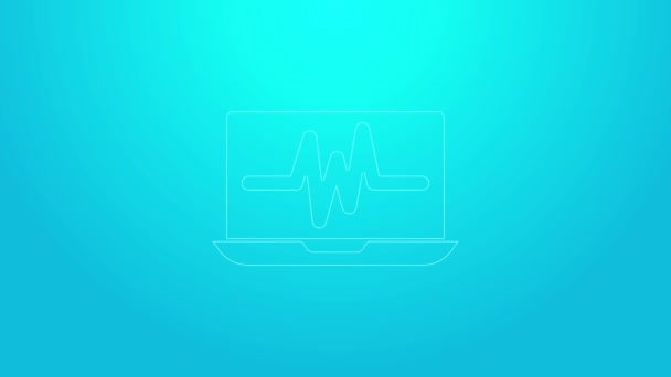 Portátil de línea rosa con icono de cardiograma aislado sobre fondo azul. Icono de monitoreo. Monitor ECG con latidos cardíacos dibujados a mano. Animación gráfica de vídeo 4K — Vídeo de stock