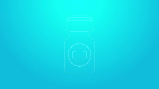 Rosa línea medicina botella y pastillas icono aislado sobre fondo azul. Signo de la píldora. Diseño de farmacia. Animación gráfica de vídeo 4K — Vídeo de stock