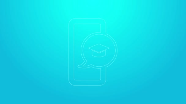 Pink line Graduation cap on screen smartphone icon isolated on blue background. Online learning or e-learning concept. 4K Video motion graphic animation — Vídeo de stock