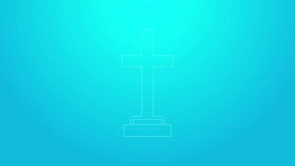 Pink line Grave with cross icon isolated on blue background. 4K Video motion graphic animation — Stock Video