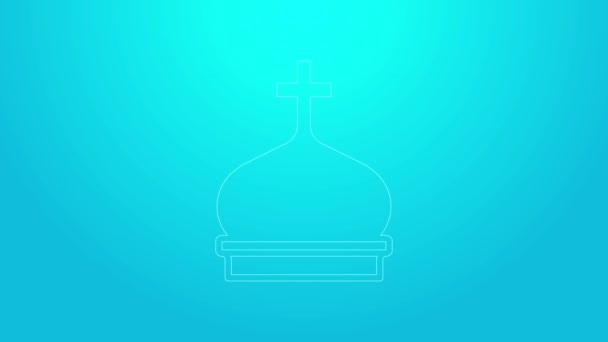 Pinkfarbene Linie christliches Kirchturmsymbol isoliert auf blauem Hintergrund. Religion der Kirche. 4K Video Motion Grafik Animation — Stockvideo
