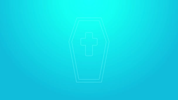 Roze lijn Coffin met christelijk kruis pictogram geïsoleerd op blauwe achtergrond. Gelukkig Halloween feest. 4K Video motion grafische animatie — Stockvideo
