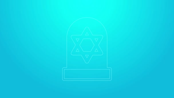 Pink line Tombstone with star of david icon isolated on blue background. Jewish grave stone. Gravestone icon. 4K Video motion graphic animation — Stock Video