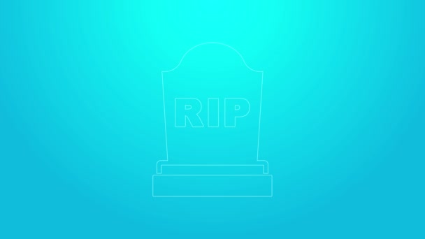 Tombstone línea rosa con RIP escrito en él icono aislado sobre fondo azul. Icono de tumba. Animación gráfica de vídeo 4K — Vídeo de stock