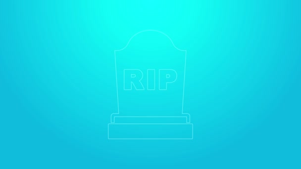 Rózsaszín vonal Tombstone RIP felirattal ikon elszigetelt kék háttérrel. Sírikon. 4K Videó mozgás grafikus animáció — Stock videók