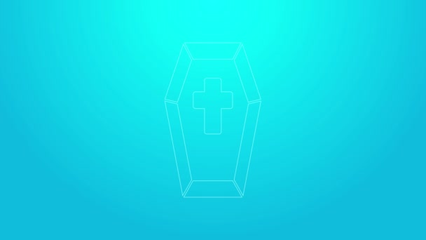 Coffin línea rosa con icono de cruz cristiana aislado sobre fondo azul. Feliz fiesta de Halloween. Animación gráfica de vídeo 4K — Vídeo de stock