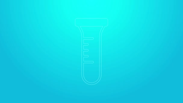 Pink line Test tube and flask chemical laboratory test icon isolated on blue background. Laboratory glassware sign. 4K Video motion graphic animation — Stock Video