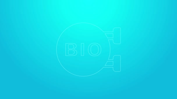 Roze lijn Bio groen gezond voedsel pictogram geïsoleerd op blauwe achtergrond. Biologisch product. Gezonde voedselsticker. 4K Video motion grafische animatie — Stockvideo